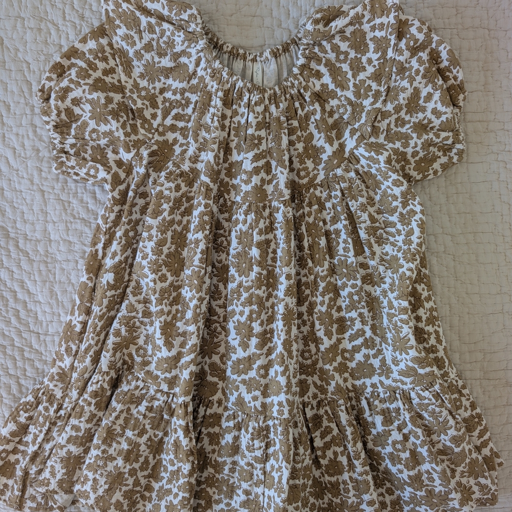 Rylee + Cru Brown and White Floral Dress with Puff Sleeves
